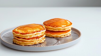 Two stacks of golden-brown pancakes drizzled with honey on a gray plate.