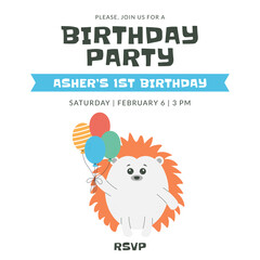 Greeting and invitation for kids first Birthday party. Cute baby animal hedgehog and balloons in flat childrens style. Vector illustration, design for card, poster, event, prints
