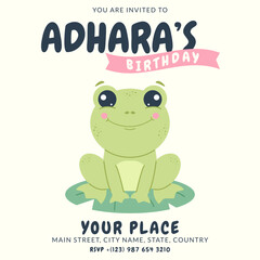 Greeting and invitation for kids Birthday party. Cute baby frog in flat childrens style. Vector illustration, design for card, poster, event, prints. Pastel colors