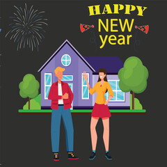 Illustration two cheerful people are celebrating the new year