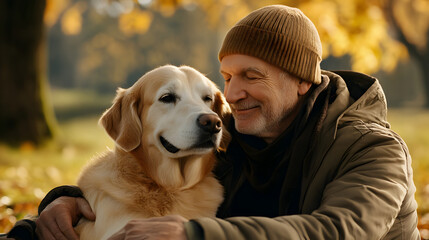 Senior man and golden retriever enjoying peaceful moment in autumn park