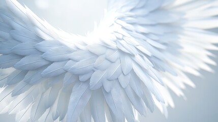 Fototapeta premium 32.Elegant 3D depiction of angel wings in white, each feather meticulously crafted to create a sense of softness and realism; the wings are slightly spread in a protective gesture, embodying purity