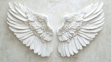32.Elegant 3D depiction of angel wings in white, each feather meticulously crafted to create a sense of softness and realism; the wings are slightly spread in a protective gesture, embodying purity