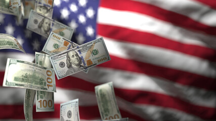 Falling Hundred Dollar Bills Against a Blurred American Flag, Representing Economic Volatility and...