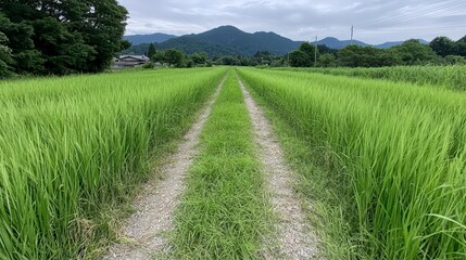 Serene Countryside Path  Green Rice Paddy Field  Mountain View