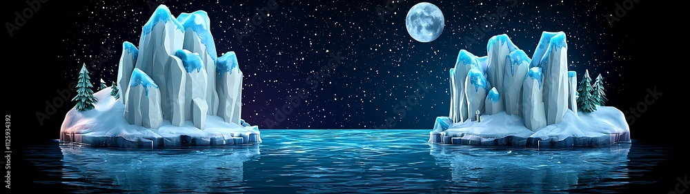 Wall mural a serene nighttime scene of icy islands under a starry sky, illuminated by a bright moon reflecting 