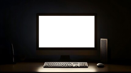 Desktop computer mockup with blank white screen in dark room
