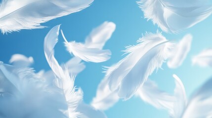 Naklejka premium 60.Close-up of a group of delicate white feathers floating upward in a crisp blue sky; the 3D rendering captures every featherâ€™s soft detail, creating an atmosphere that feels calm, weightless, and