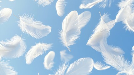 Obraz premium 60.Close-up of a group of delicate white feathers floating upward in a crisp blue sky; the 3D rendering captures every featherâ€™s soft detail, creating an atmosphere that feels calm, weightless, and