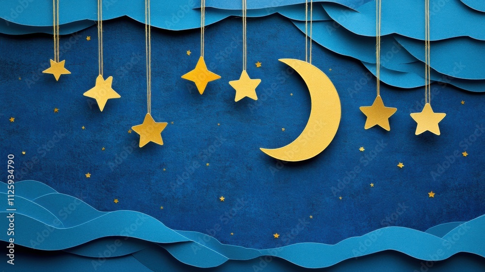 Aufkleber delicate paper-crafted moon and stars hang from strings, set against rich blue textures, creating a 