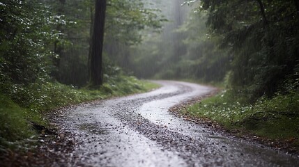 A winding, rain-soaked path through a lush forest, evoking tranquility and nature's beauty.