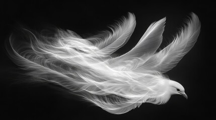 Fototapeta premium 52.Detailed image of white bird feathers in mid-dance, swirling and drifting gracefully in the darkness; the wings seem alive, each feather catching subtle light as it moves in a beautifully