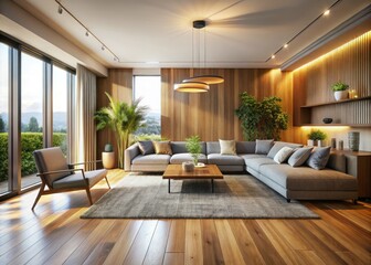 Fototapeta premium Minimalist Living Room Design: Wooden Floor, Wall Decor, Drone Photography