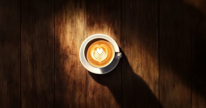 Top view of latte art coffee cup on wooden table in sunlight.