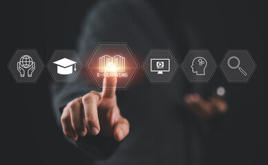 Online education and e-learning concepts. A man interacts with e-learning icons virtually,...