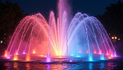 Colorful Water Fountain Display at Night with Bright Lighting Effects