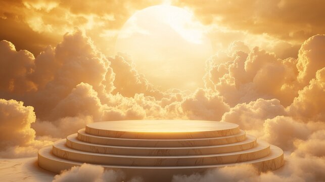 10.Luxury podium in a dreamlike setting of celestial clouds illuminated by a soft golden light; the podium exudes elegance, with the warm glow of the light casting an ethereal, elevated quality on