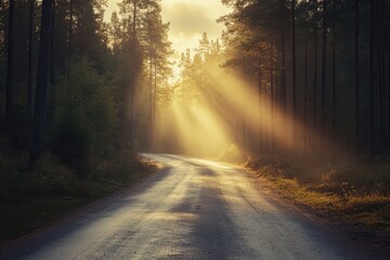 Obraz premium Sunbeams illuminate a forest road. Perfect for themes of hope, journey, and nature.