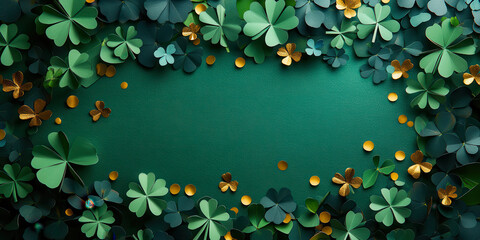 Shamrocks and Golden Confetti on a Green Textured Background