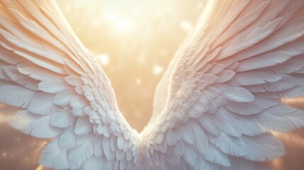 Fototapeta premium 34.Beautifully rendered white angel wings in 3D, with feathers that look soft to the touch; the wings are expansive and symmetrical, conveying a sense of protection and serenity in an ethereal,
