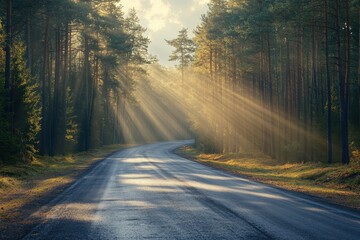 Fototapeta premium Sunbeams pierce a misty forest road. Perfect for travel, nature, and serenity themes.