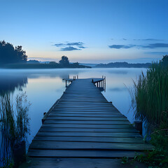 Fototapeta premium a dock with a boat in the water and a dock in the foreground. Generative AI