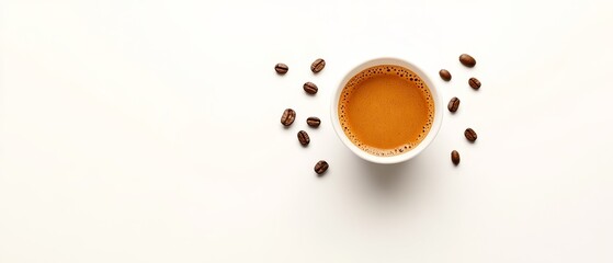 Obraz premium Aromatic coffee in a white cup with scattered beans on a white background.