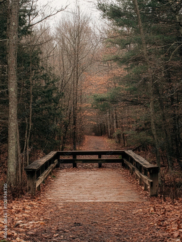 Poster a tranquil pathway leads into thick woods, surrounded by trees and fallen leaves, inviting explorati