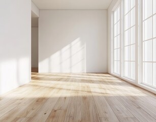 Obraz premium Sunlit empty room with hardwood floor and large windows.