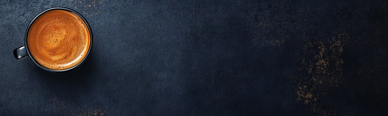 Top view of a cup of coffee on dark background.