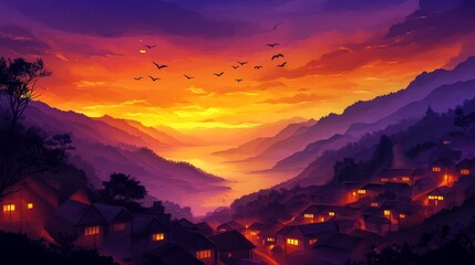 Fototapeta premium 86.A tranquil village nestled in the mountains at sunset, glowing warmly as the sky transitions to deep orange and purple hues, with a sandy beach stretching out in the distance. Silhouettes of birds