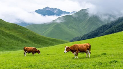 Obraz premium Two brown cows graze peacefully in a lush green meadow, surrounded by rolling hills and misty mountains under a cloudy sky.
