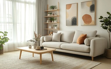 Obraz premium Modern living room with sofa, plants, and artwork.