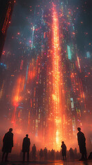 Obraz premium Standing in the city, a group of young people gazed at the towering skyscrapers made completely from data and code.