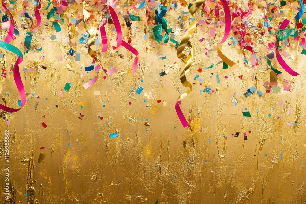 Poster bright confetti and playful curling ribbons cascade over a shimmering golden backdrop, perfect for c