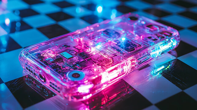 A cell phone with a bright pink case is sitting on a checkered surface