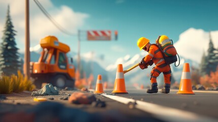 Highway Maintenance Crew Working in Bright Daylight