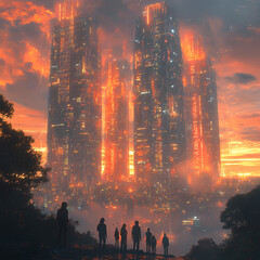 Obraz premium Standing in the city, a group of young people gazed at the towering skyscrapers made completely from data and code.