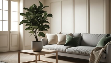 Classic living room with sofa, plant, and window.