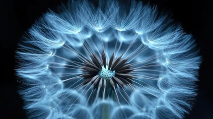 Obraz premium Glowing blue dandelion seed head close-up.