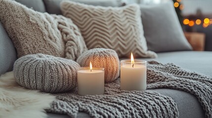 Cozy knitted textures and lit candles create a warm, inviting atmosphere. Perfect for blogs, websites, or advertising related to home comfort and relaxation.