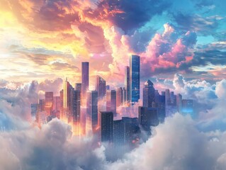 Breathtaking sunset over vibrant city skyline urban landscape aerial view skyscrapers illuminated by warm light colorful backdrop for seo impact