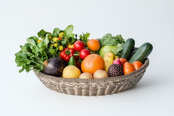 A wicker basket overflowing with a vibrant assortment of fresh fruits and vegetables, including tomatoes, cucumbers, lettuce, and citrus fruits, set against a clean white backdrop.