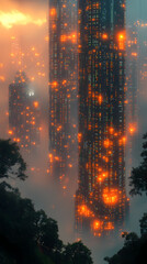 Fototapeta premium Standing in the city, a group of young people gazed at the towering skyscrapers made completely from data and code.