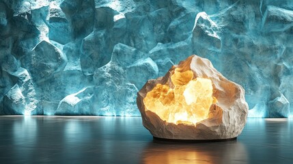 Glowing rock sculpture in icy cave.