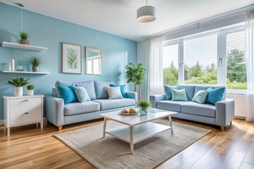 Fototapeta premium Minimalist White & Sky Blue Living Room - Modern Apartment Interior Design