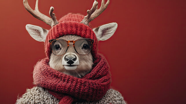 frohe weihnachten urlaub winter greeting card cool reindeer rudolf hirsch with antlers, christmas hat, sunglasses and red nose, isolated on red background.