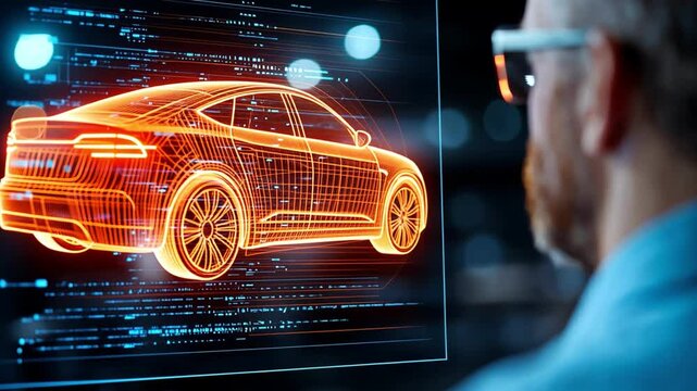 Man observing a futuristic digital car design on a holographic interface at a technology-driven workspace.