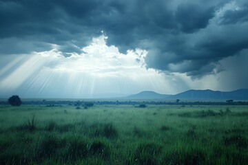 A dramatic landscape with dark clouds and sunlight breaking through over a grassy field.
