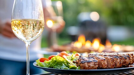 A beautifully plated steak with a fresh salad, accompanied by a glass of white wine, set against a warm, outdoor barbecue scene.